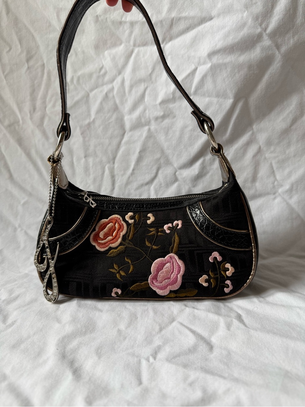 JLo black floral handbag with silver hardware